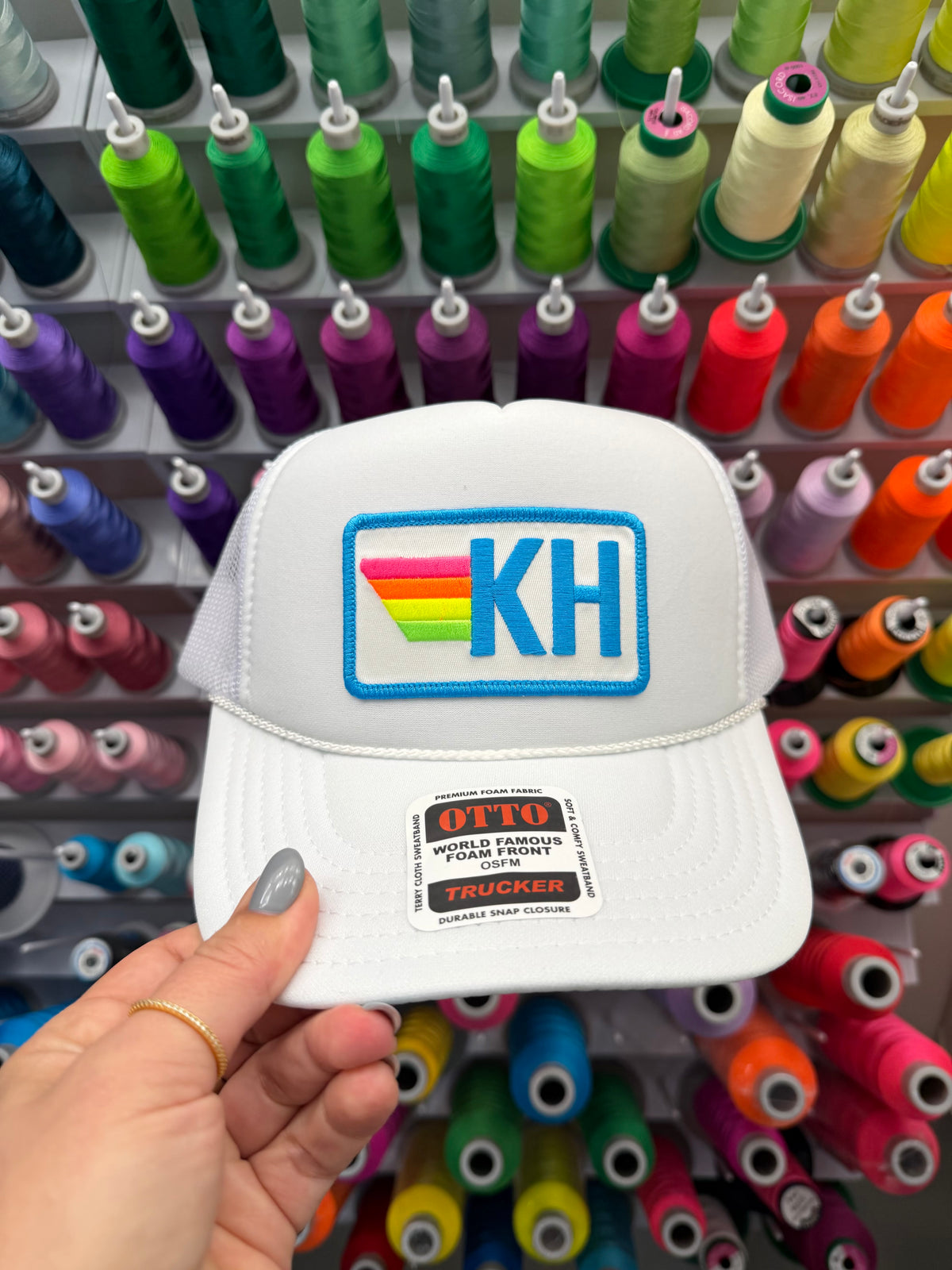 Rainbow Stripes Initials Trucker Hat — Custom Monogram Patch
