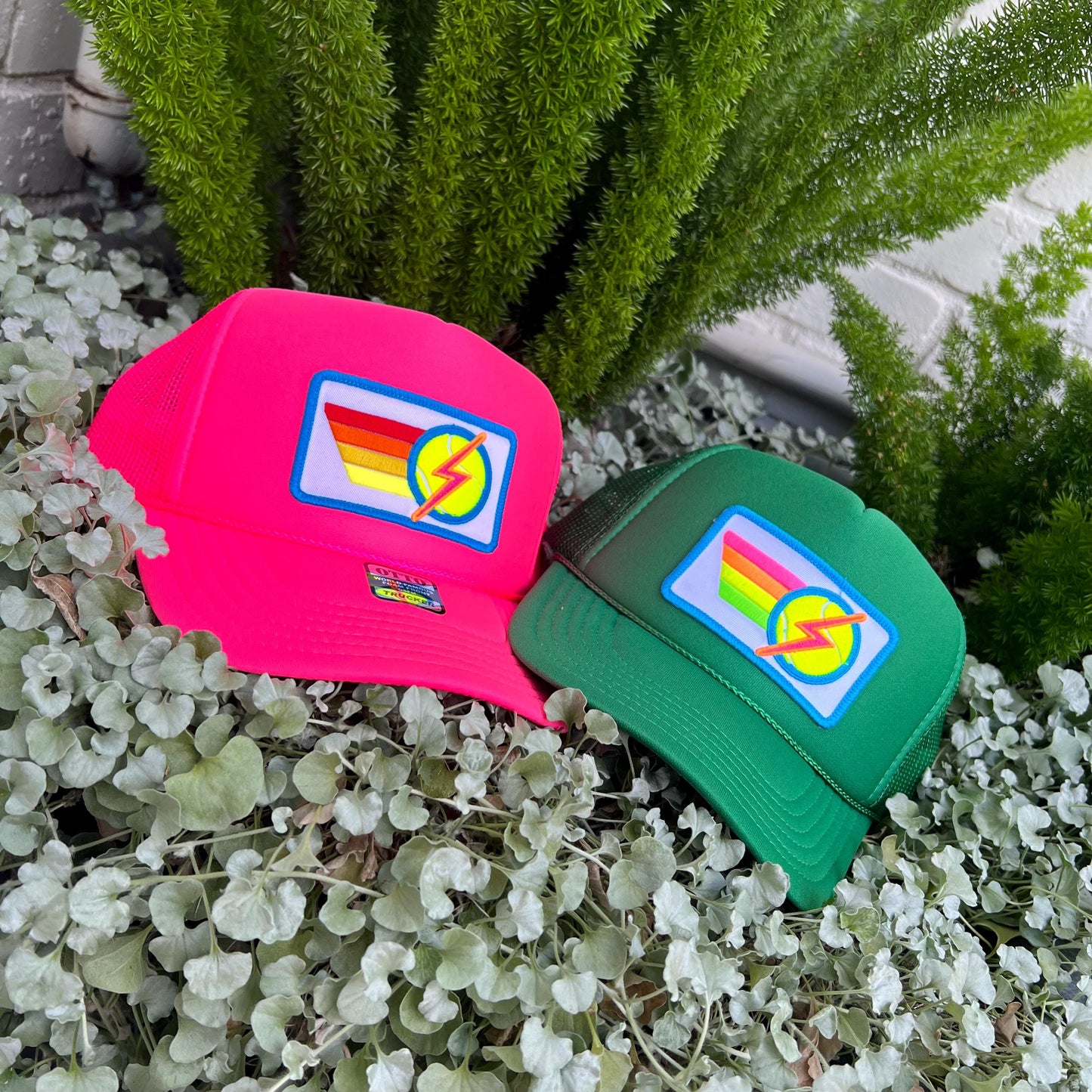 Rainbow Tennis Lightning Bolt Trucker Hat Cap, Girls Trip, Girls Weekend, Customize, USTA, patch, rainbow stripes, neon, team uniform