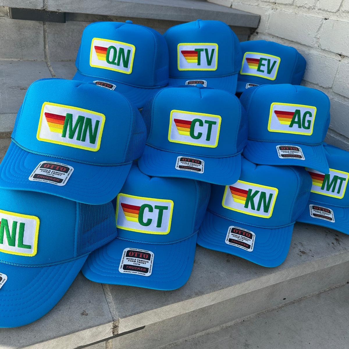 Rainbow Stripes Initials Trucker Hat — Custom Monogram Patch