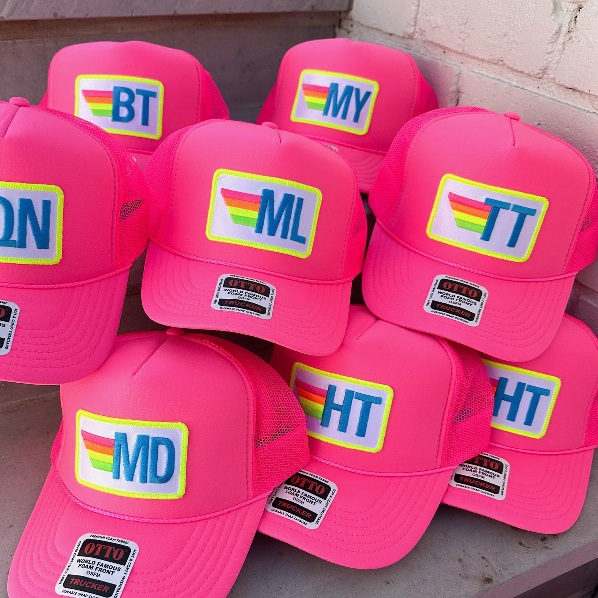 Rainbow Stripes Initials Trucker Hat — Custom Monogram Patch