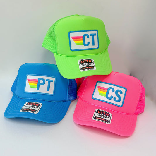 Rainbow Stripes Initials Trucker Hat — Custom Monogram Patch