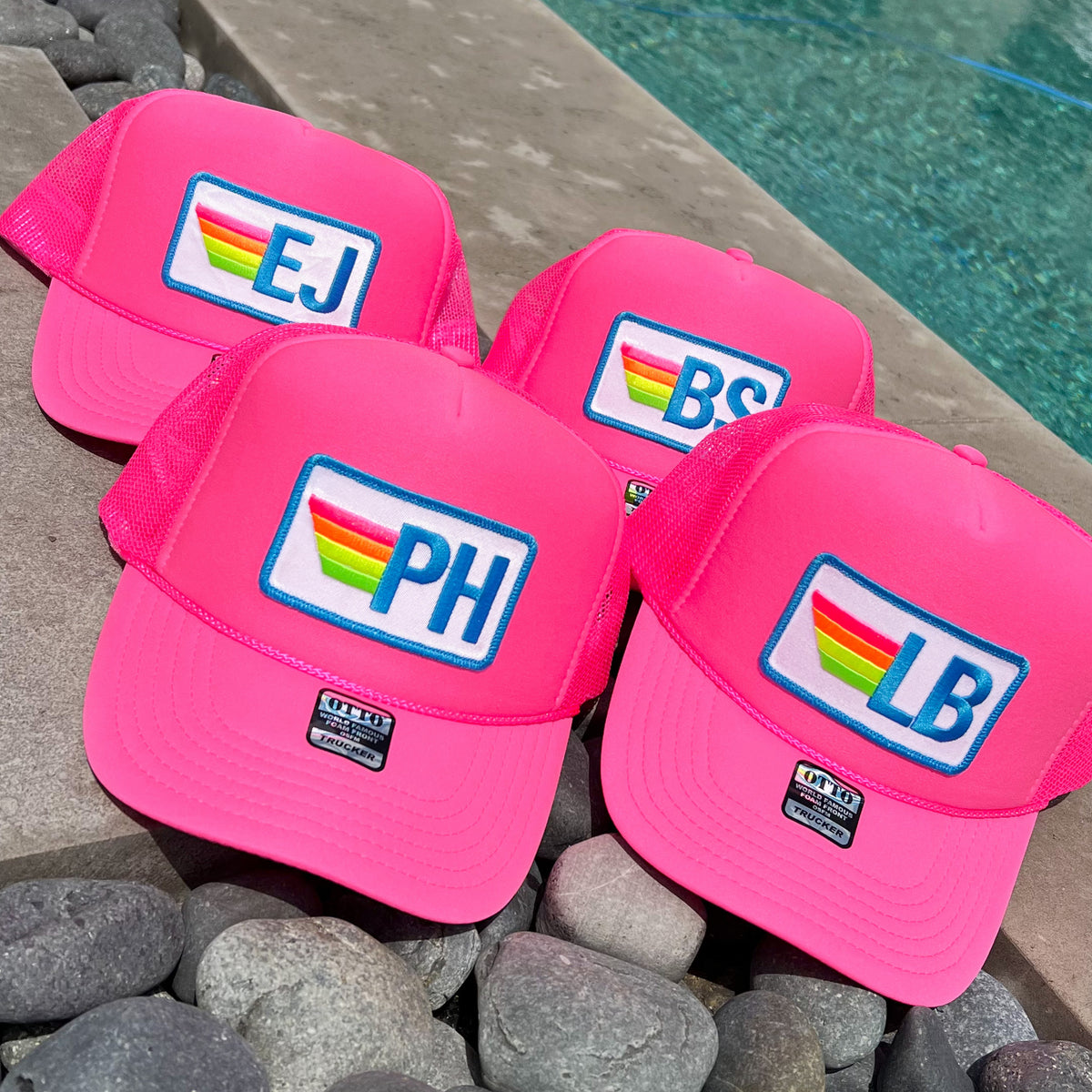 Pink Trucker Hat with Abstract Patch Acrylic Laser-Engraved USA Heart Patch - Hot Pink/ White  main image 3