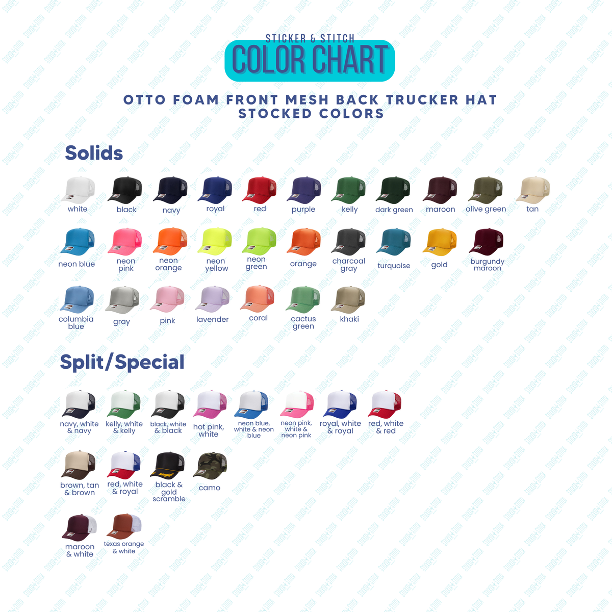 Sticker & Stitch Otto foam trucker hat color chart: solid colors plus split and specialty hat colors