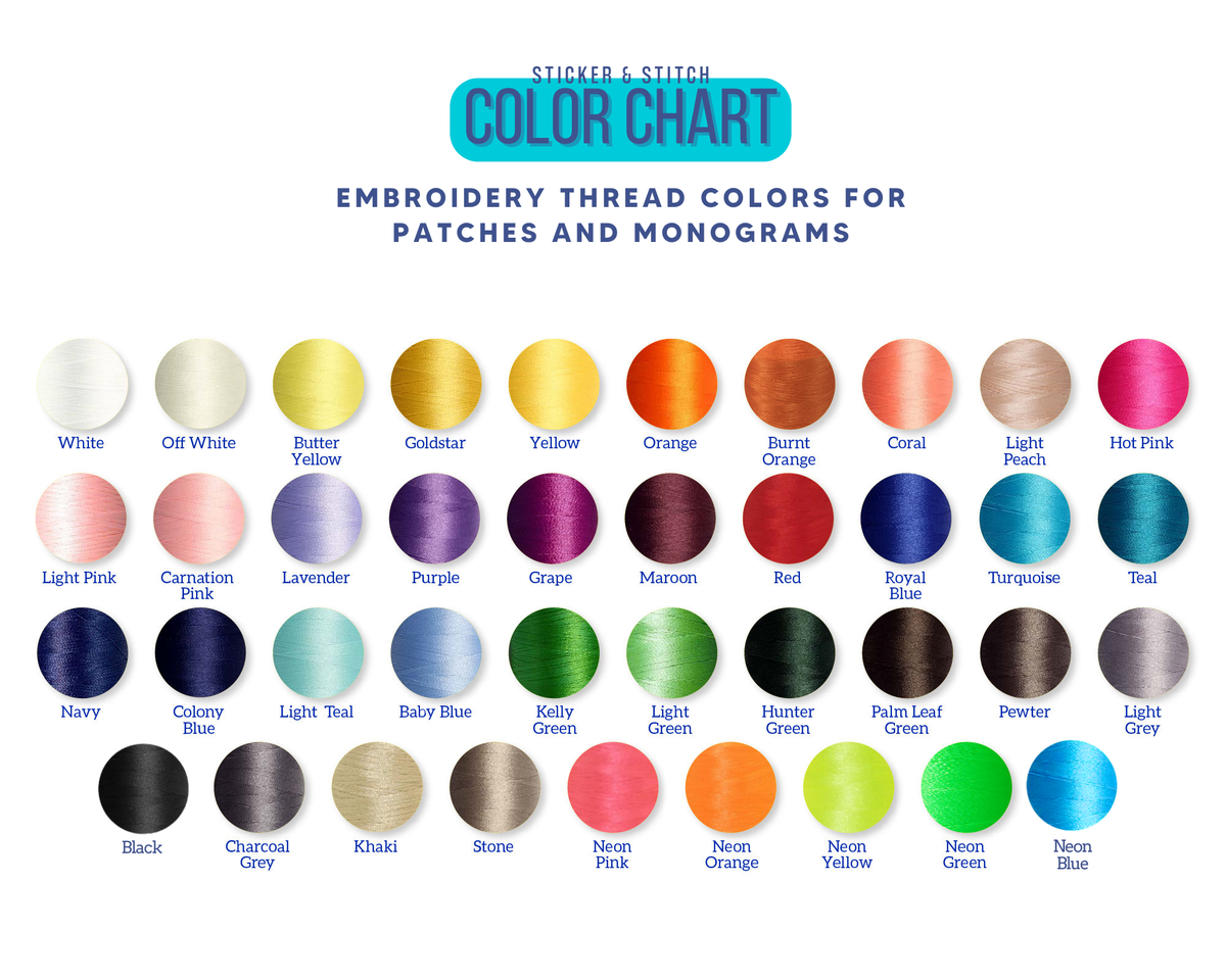 A color chart graphic for embroidery thread colors, showing rows of circular thread swatches with labels such as White, Off White, Butter Yellow, Goldstar, Orange, Red, Pink, Navy, Black, and many more on a white background.