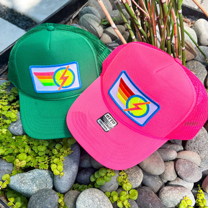 Rainbow Tennis Lightning Bolt Trucker Hat Cap, Girls Trip, Girls Weekend, Customize, USTA, patch, rainbow stripes, neon, team uniform