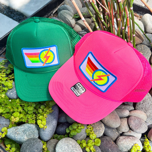 Rainbow Tennis Lightning Bolt Trucker Hat Cap, Girls Trip, Girls Weekend, Customize, USTA, patch, rainbow stripes, neon, team uniform