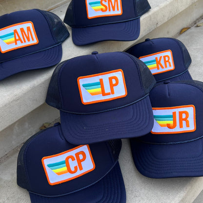 Rainbow Stripe Patch with Initials Trucker Hat, Custom Monogram Patch