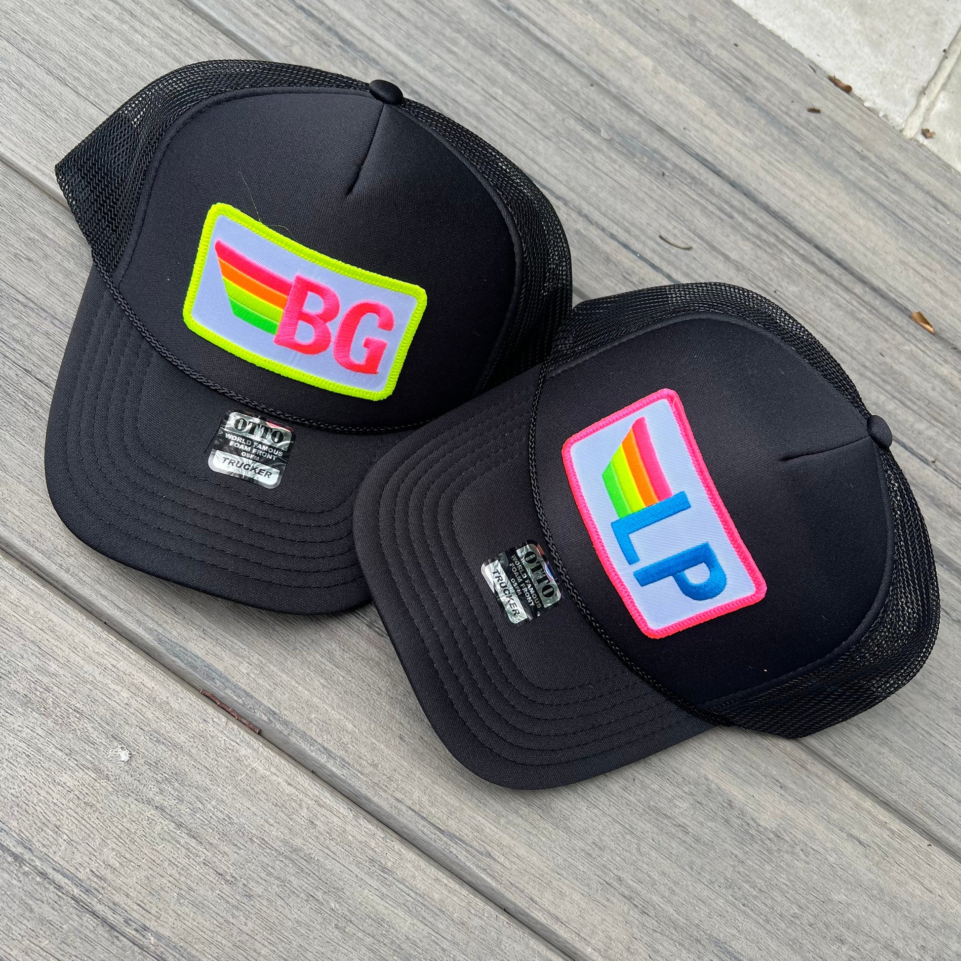Rainbow Stripe Patch with Initials Trucker Hat, Custom Monogram Patch