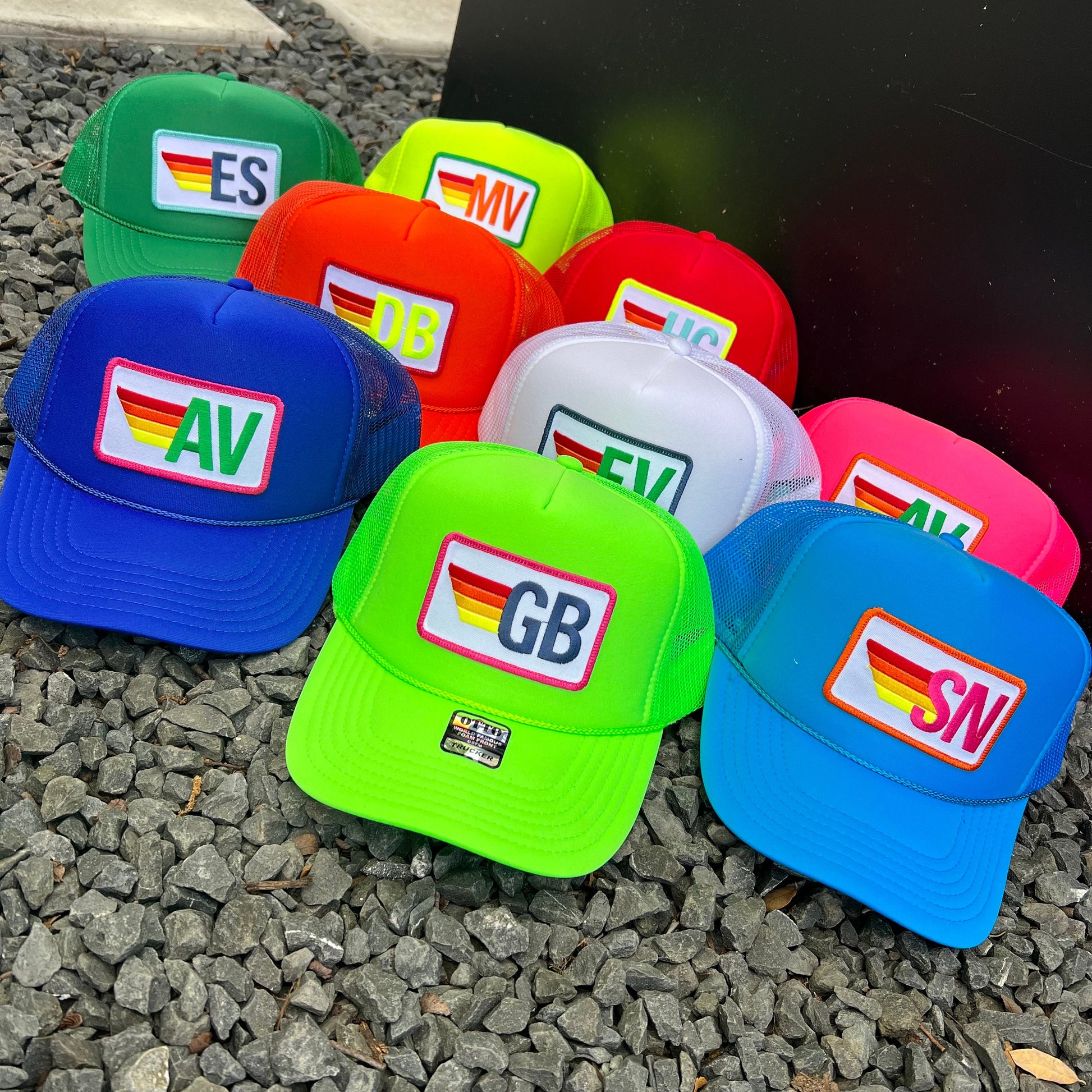 Rainbow Stripe Patch with Initials Trucker Hat, Custom Monogram Patch