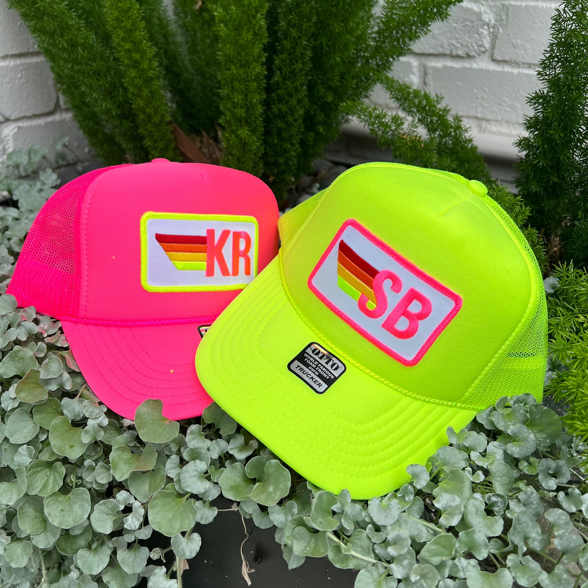 Rainbow Stripe Patch with Initials Trucker Hat, Custom Monogram Patch