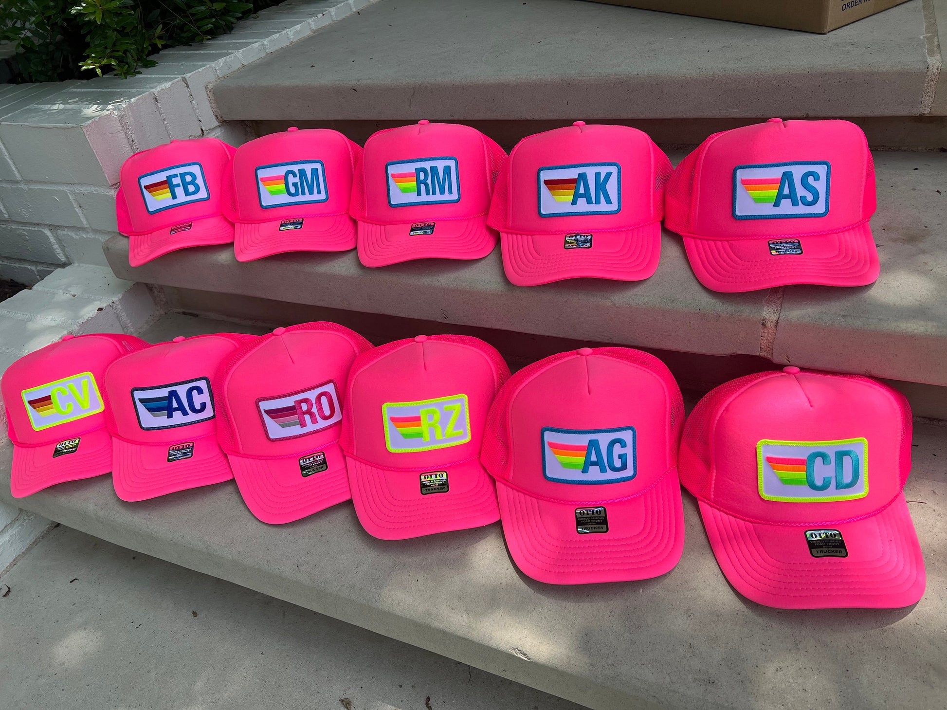 Rainbow Stripe Patch with Initials Trucker Hat, Custom Monogram Patch