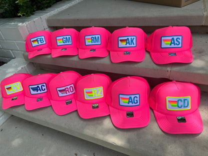 Rainbow Stripe Patch with Initials Trucker Hat, Custom Monogram Patch