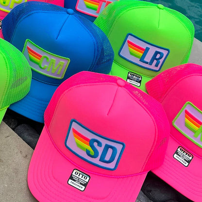 Rainbow Stripe Patch with Initials Trucker Hat, Custom Monogram Patch