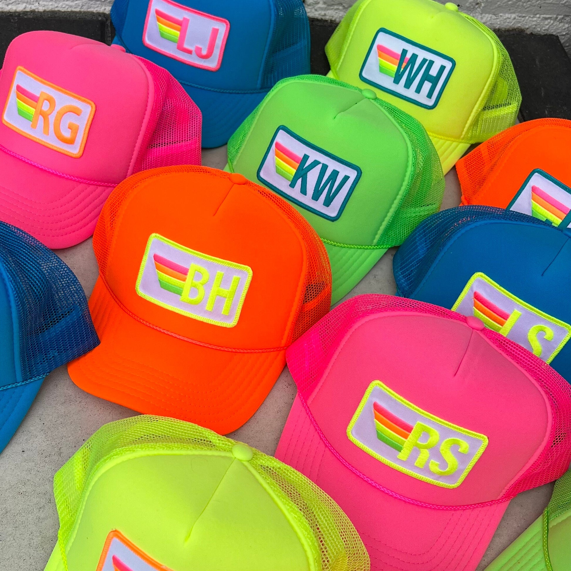 Rainbow Stripe Patch with Initials Trucker Hat, Custom Monogram Patch