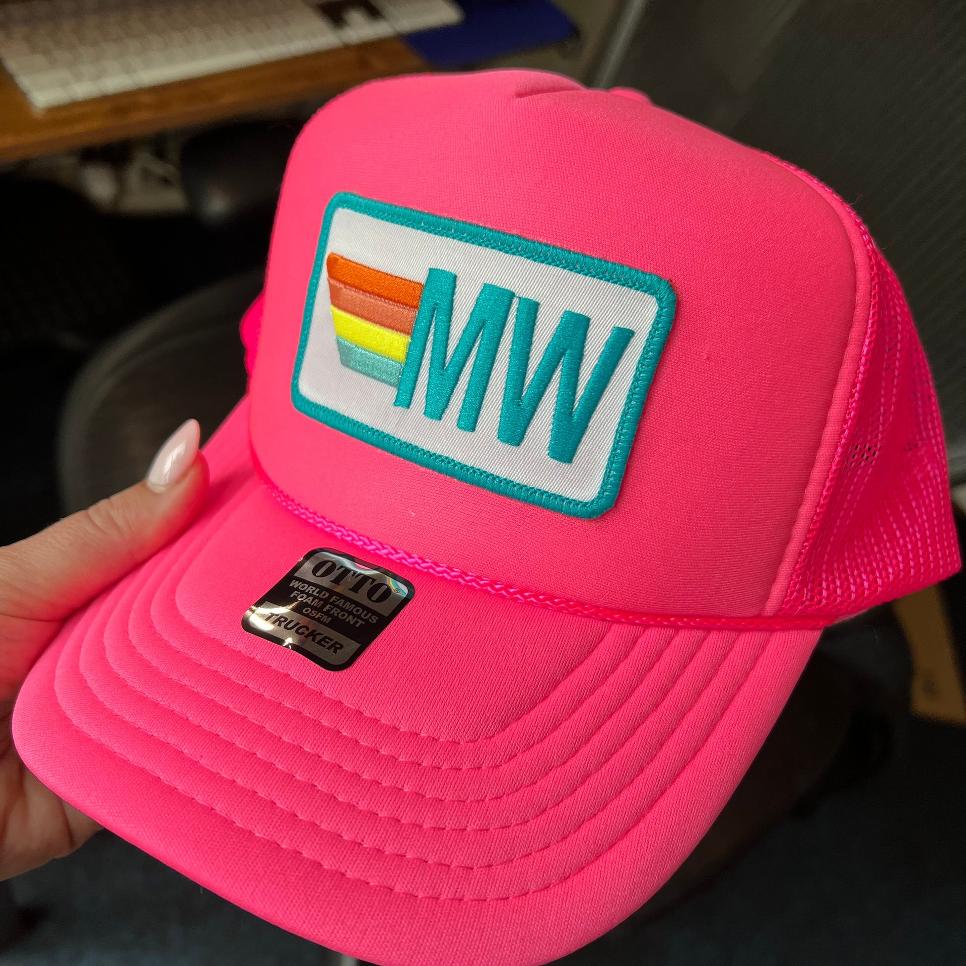 Rainbow Stripe Patch with Initials Trucker Hat, Custom Monogram Patch