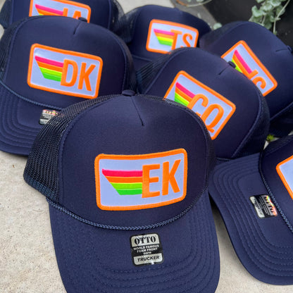 Rainbow Stripe Patch with Initials Trucker Hat, Custom Monogram Patch
