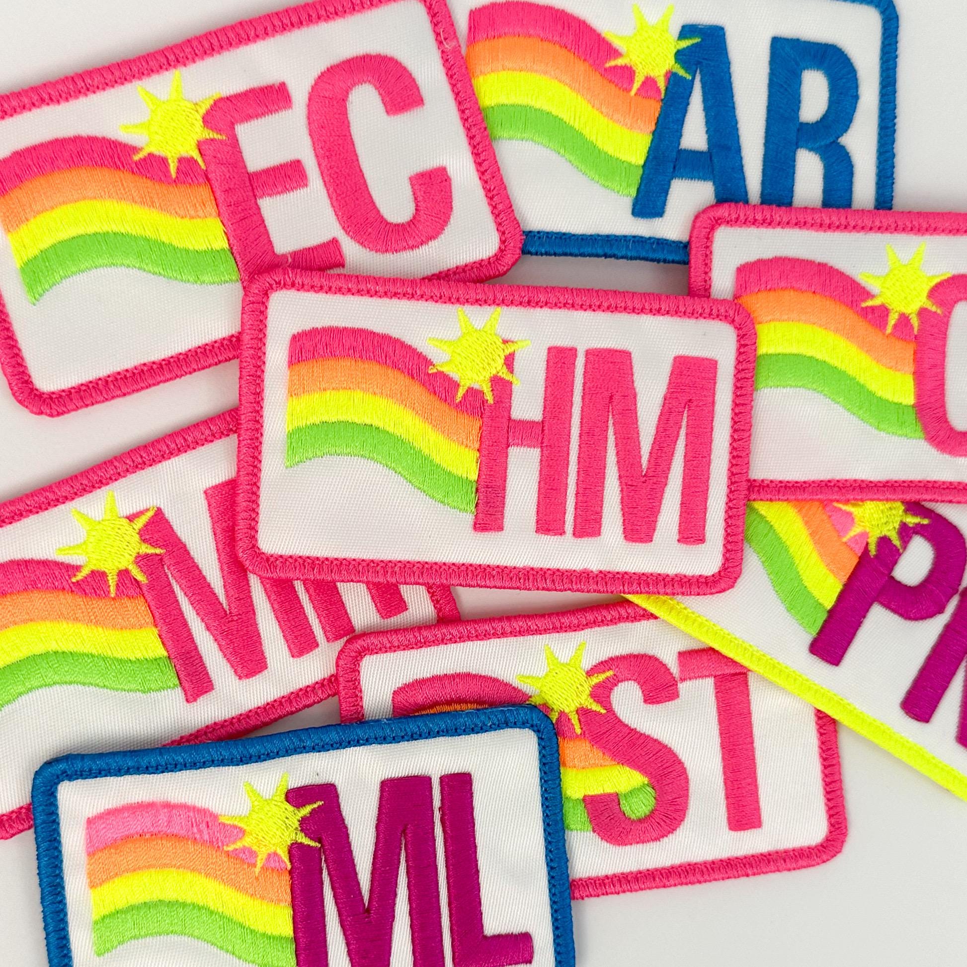 Sunwave Stripes Monogram Patch: Neon Rainbow Initials, DIY adhesive