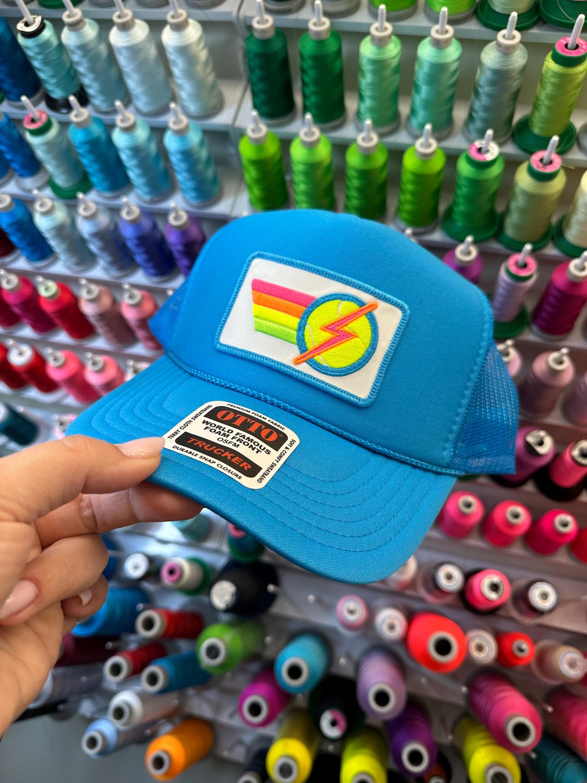 Rainbow Tennis Lightning Bolt Trucker Hat Cap, Girls Trip, Girls Weekend, Customize, USTA, patch, rainbow stripes, neon, team uniform