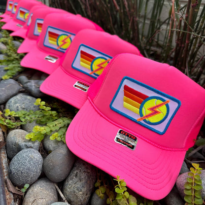 Rainbow Tennis Lightning Bolt Trucker Hat Cap, Girls Trip, Girls Weekend, Customize, USTA, patch, rainbow stripes, neon, team uniform