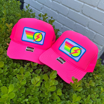 Rainbow Tennis Lightning Bolt Trucker Hat Cap, Girls Trip, Girls Weekend, Customize, USTA, patch, rainbow stripes, neon, team uniform