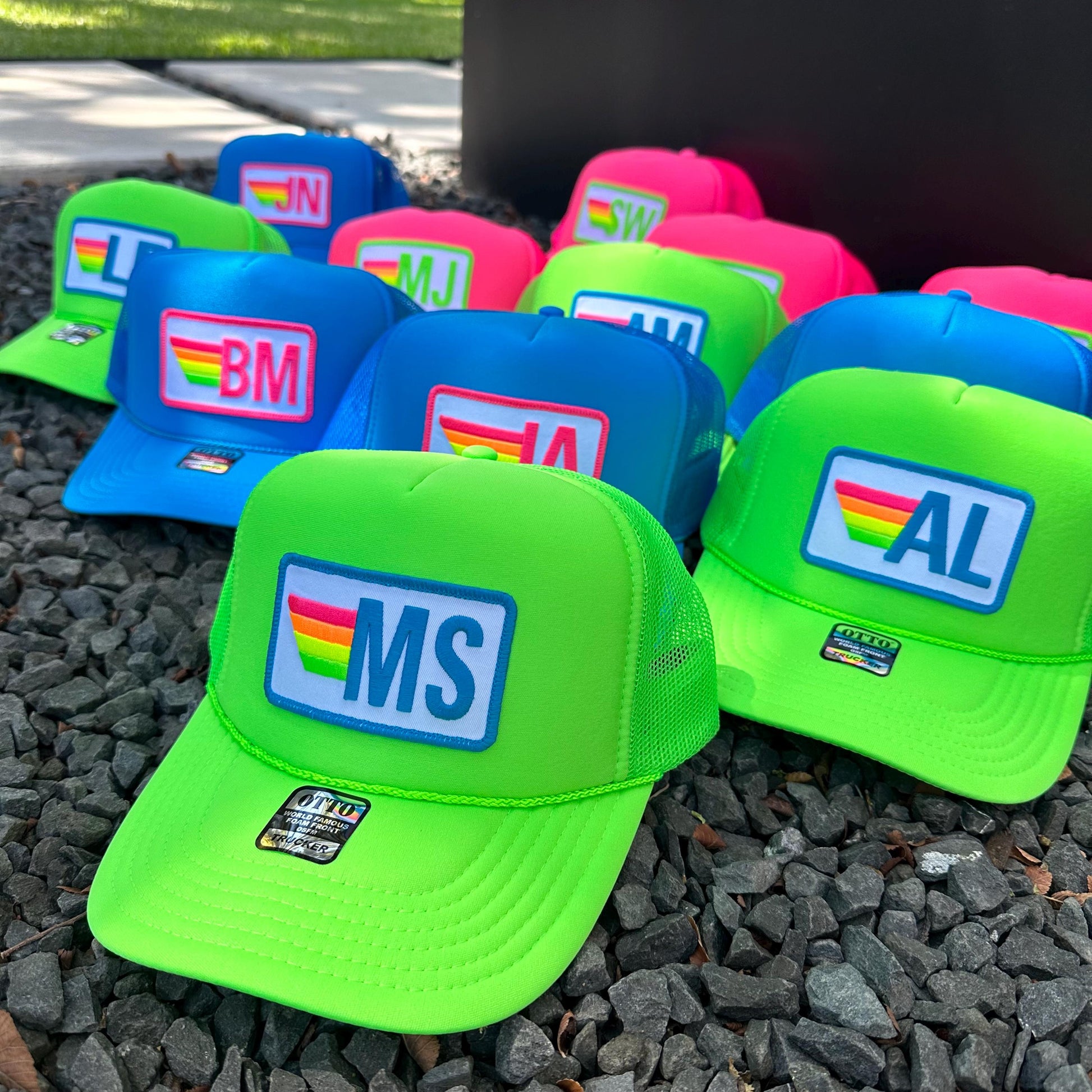 Rainbow Stripe Patch with Initials Trucker Hat, Custom Monogram Patch