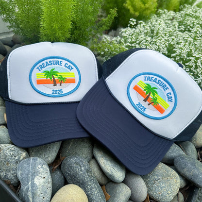 Custom Trucker Patch Hat, Island Beach Trip, Palm trees, Personalized Gift