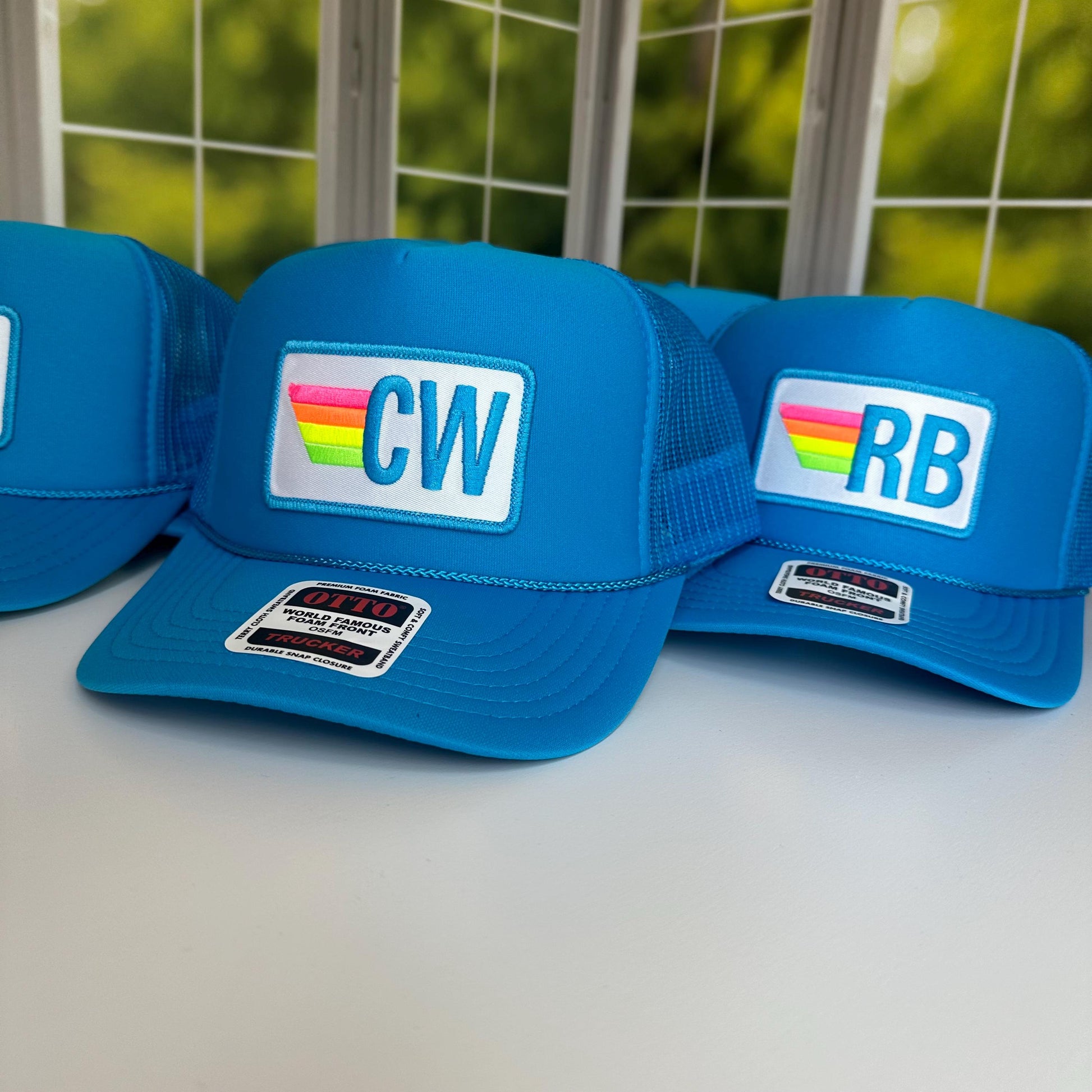 Rainbow Stripe Patch with Initials Trucker Hat, Custom Monogram Patch