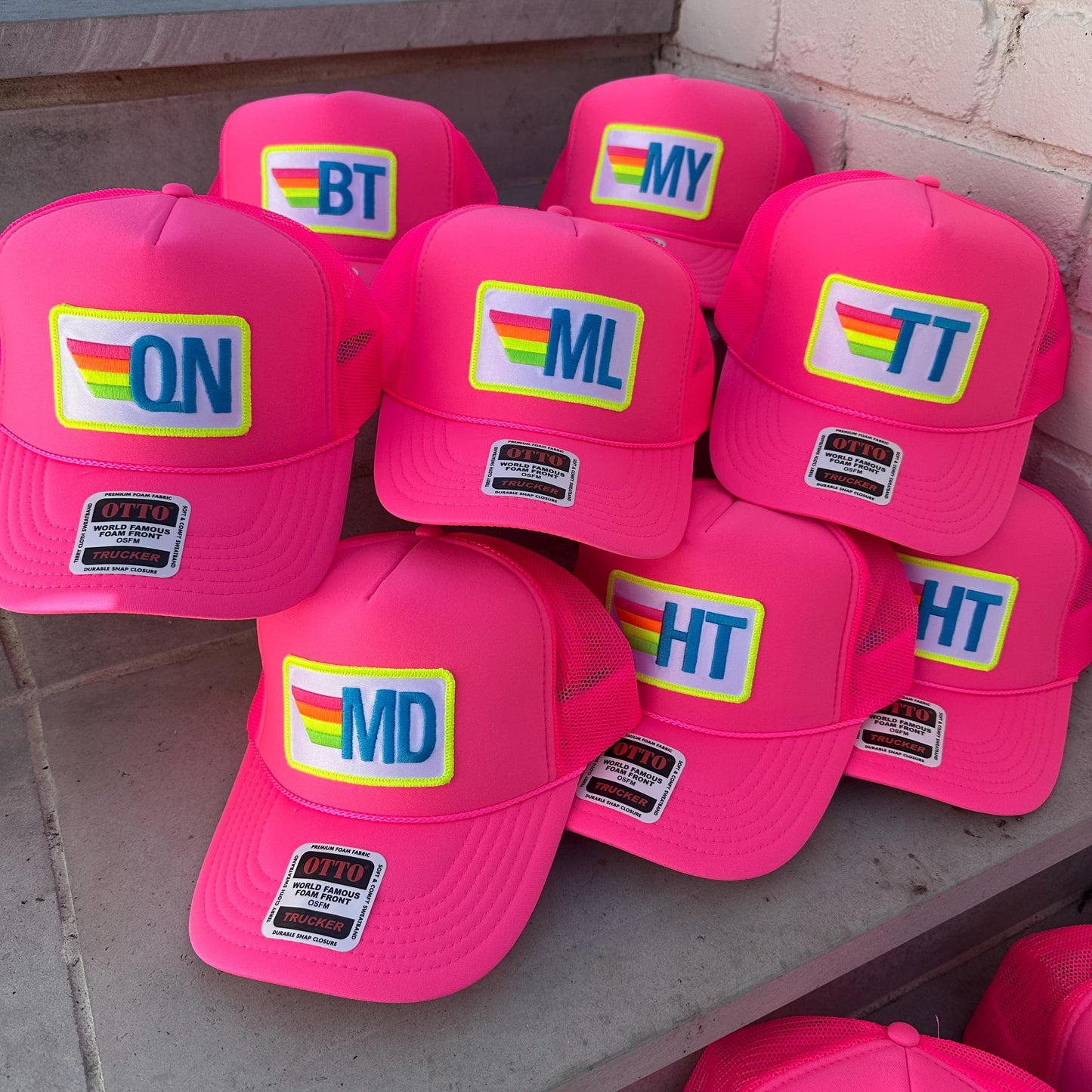Rainbow Stripe Patch with Initials Trucker Hat, Custom Monogram Patch