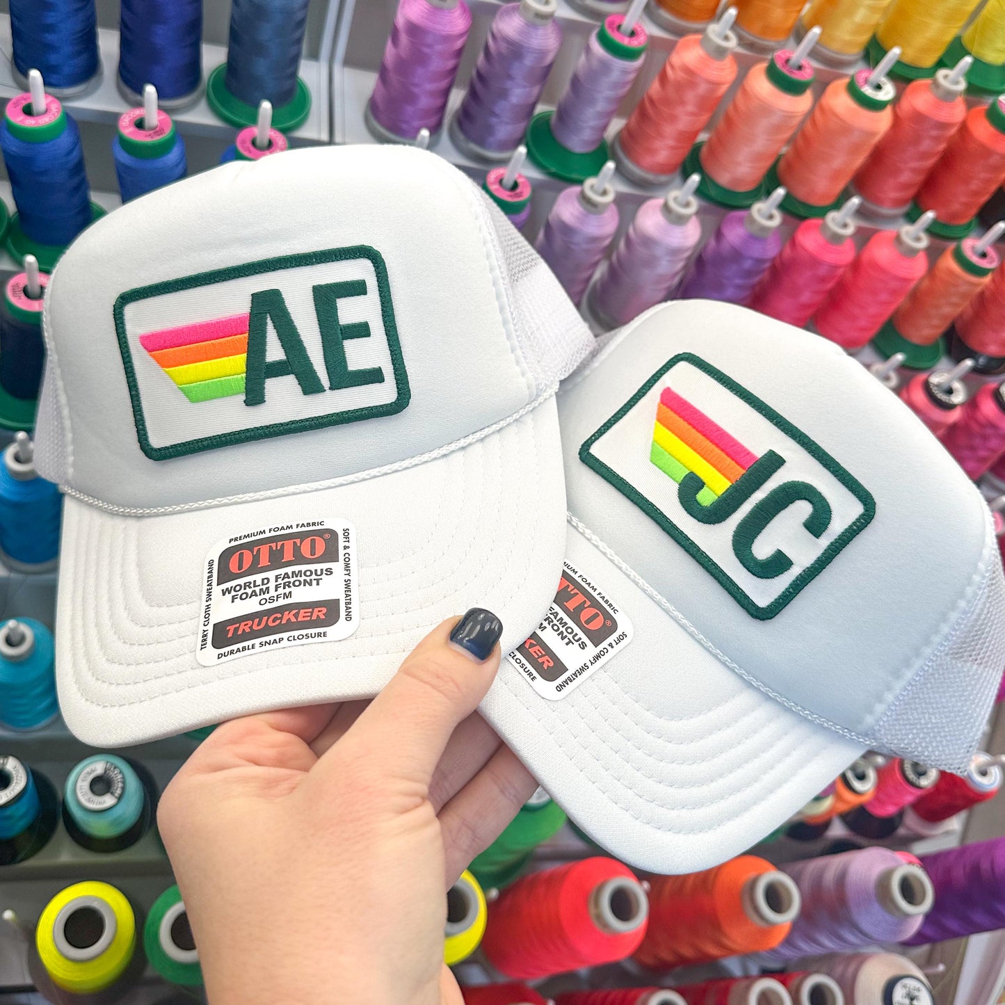 Rainbow Stripe Patch with Initials Trucker Hat, Custom Monogram Patch
