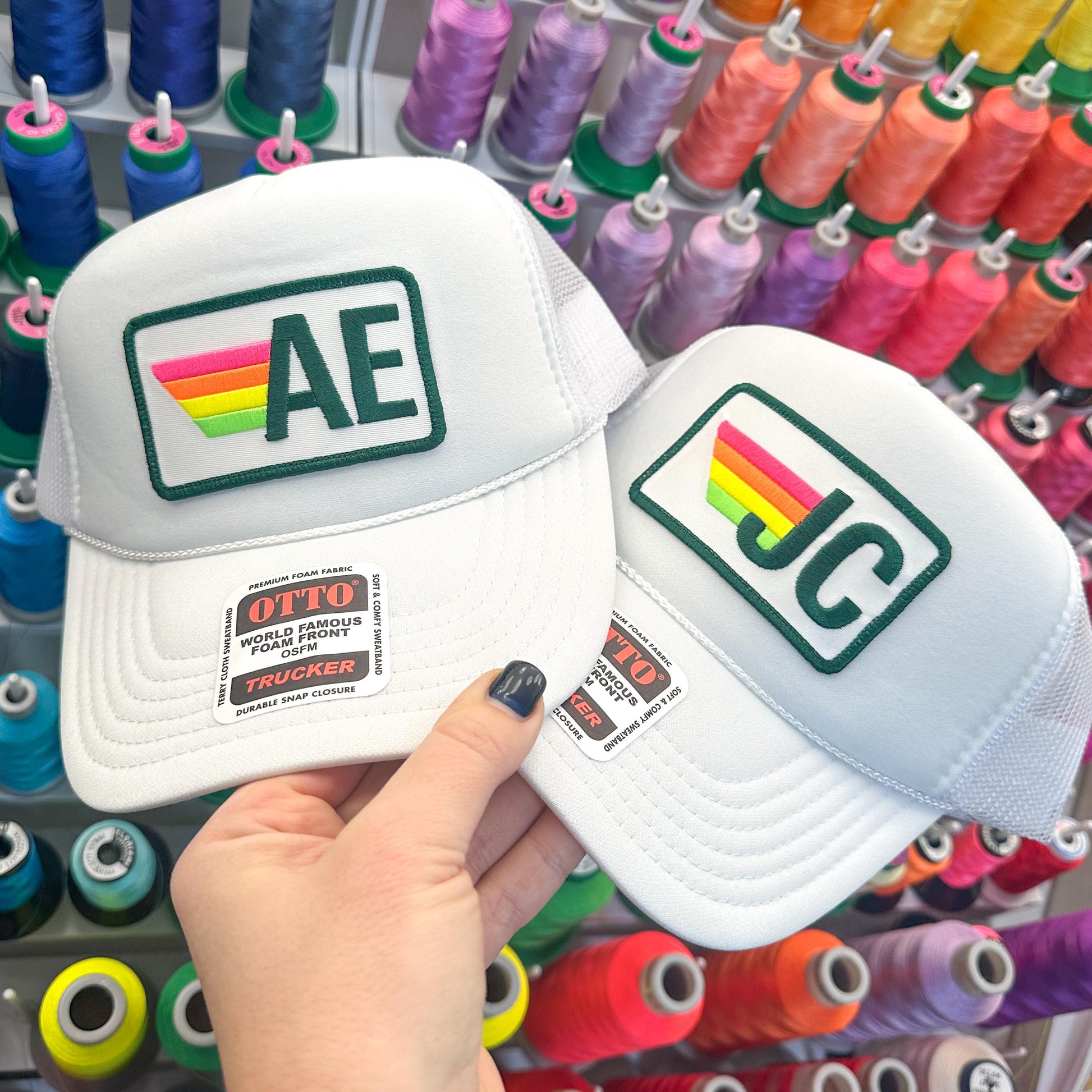 Rainbow Stripe Patch with Initials Trucker Hat, Custom Monogram Patch