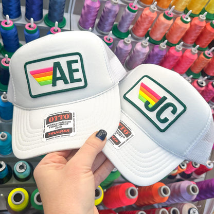 Rainbow Stripe Patch with Initials Trucker Hat, Custom Monogram Patch