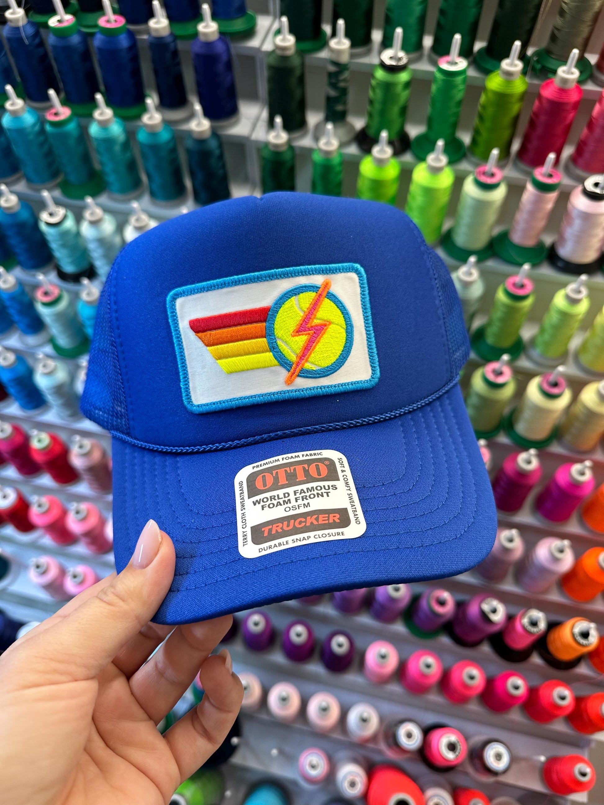 Rainbow Tennis Lightning Bolt Trucker Hat Cap, Girls Trip, Girls Weekend, Customize, USTA, patch, rainbow stripes, neon, team uniform