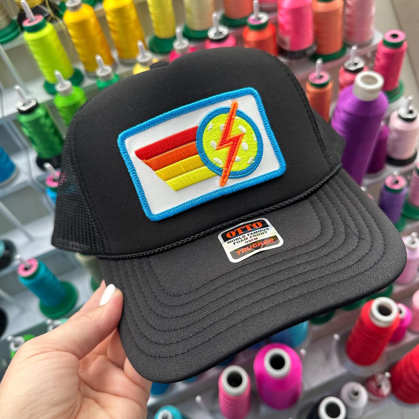 Rainbow Tennis Lightning Bolt Trucker Hat Cap, Girls Trip, Girls Weekend, Customize, USTA, patch, rainbow stripes, neon, team uniform