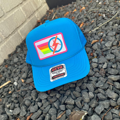 Rainbow Tennis Lightning Bolt Trucker Hat Cap, Girls Trip, Girls Weekend, Customize, USTA, patch, rainbow stripes, neon, team uniform