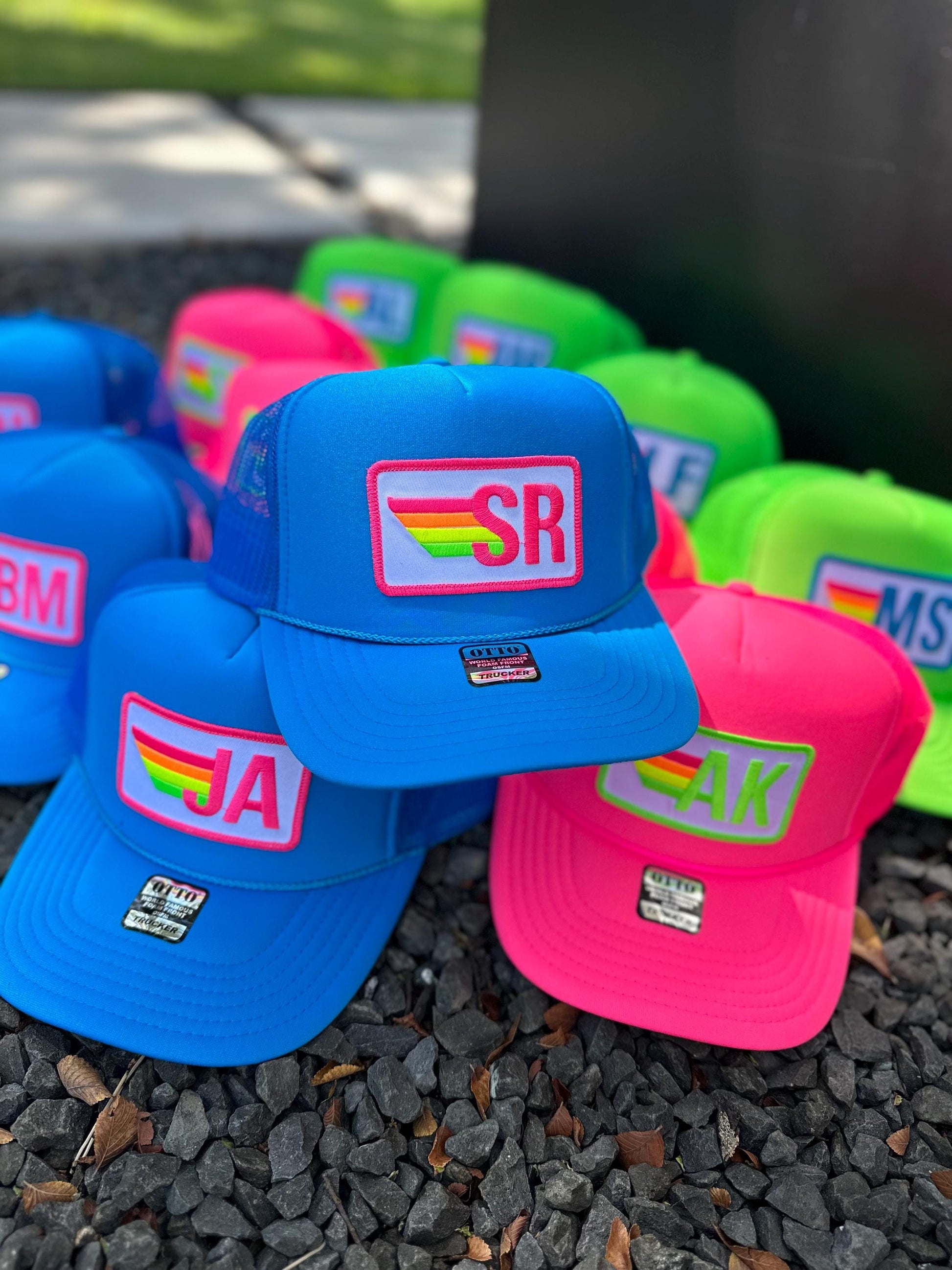 Rainbow Stripe Patch with Initials Trucker Hat, Custom Monogram Patch