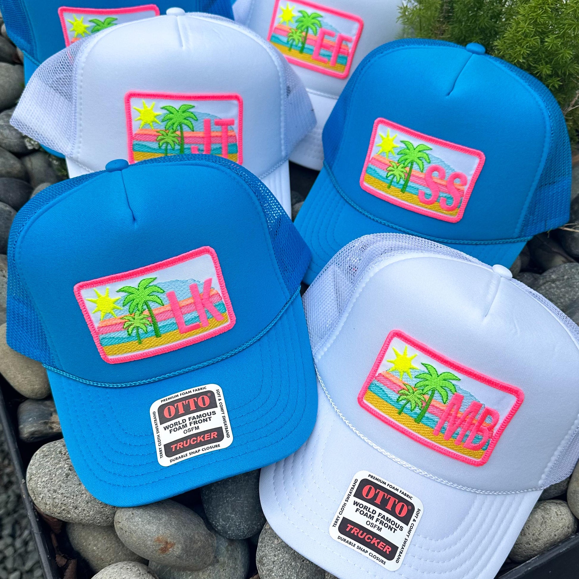 Palm Trees and Initials Custom Trucker Patch Hat, Island Beach Trip, Personalized Gift