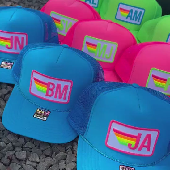 Rainbow Stripe Patch with Initials Trucker Hat, Custom Monogram Patch
