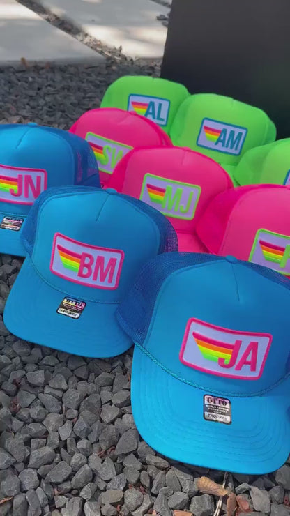 Rainbow Stripe Patch with Initials Trucker Hat, Custom Monogram Patch